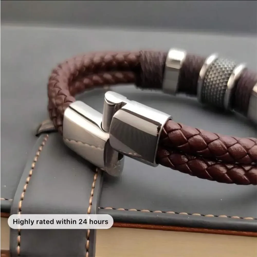 BROWN STAINLESS STEEL LEATHER BRACELET SILVER AND BROWN